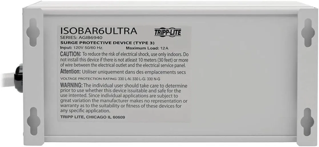 Tripp Lite ISOBAR6Ultra Isobar 6 Outlet Surge Protector Power Strip, 6ft Cord, Right-Angle Plug, Metal, Lifetime Limited Warranty & $50,000 Insurance White