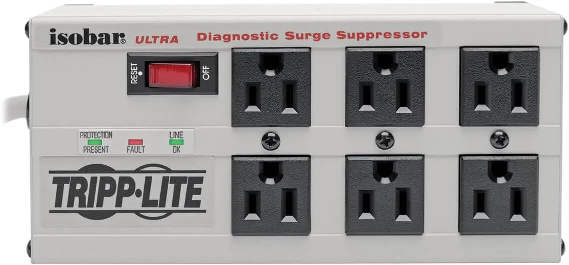 Tripp Lite ISOBAR6Ultra Isobar 6 Outlet Surge Protector Power Strip, 6ft Cord, Right-Angle Plug, Metal, Lifetime Limited Warranty & $50,000 Insurance White