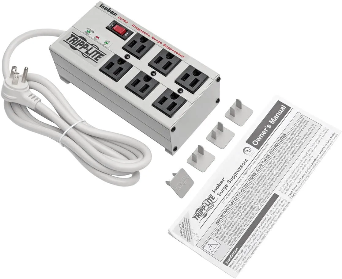 Tripp Lite ISOBAR6Ultra Isobar 6 Outlet Surge Protector Power Strip, 6ft Cord, Right-Angle Plug, Metal, Lifetime Limited Warranty & $50,000 Insurance White