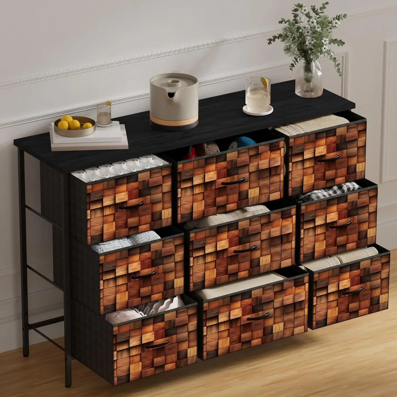 TV Stand with 9 Drawers, Chest of Drawers with Fabric Bins, Black Wood Top Dresser for Bedroom, Storage Organizer Cabinet for Closet (Brown)