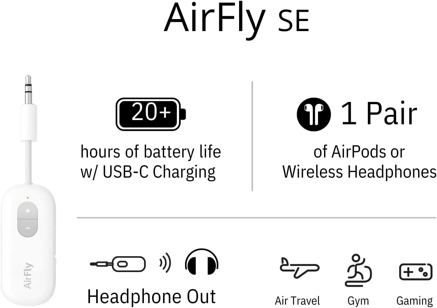 Twelve South AirFly SE | Bluetooth Wireless Transmitter/Adapter for AirPods/Wireless or Noise-Cancelling Headphones; use on Airplanes and Gym Equipment, 20  hr Battery Life