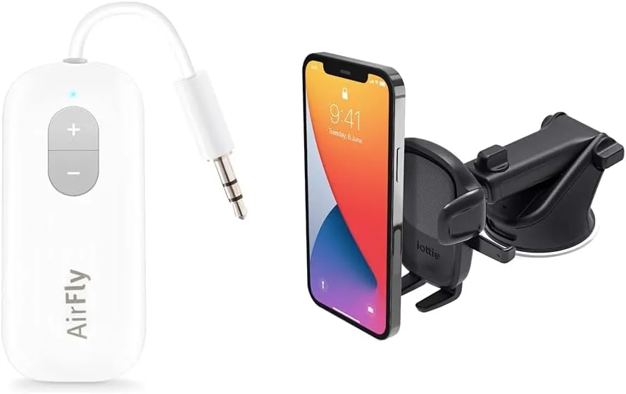 Twelve South AirFly SE, Premium Bluetooth Wireless Audio Transmitter & iOttie Easy One Touch 5 Dashboard & Windshield Universal Car Mount Phone Holder Desk Stand