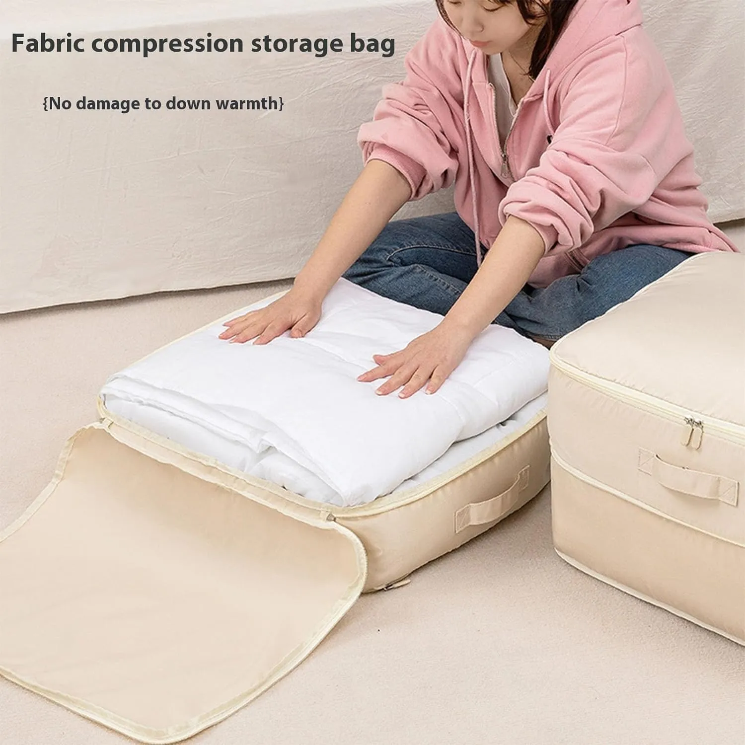 Ultra Space Saving Self Compression Organizer, Storage Tote for Space Saving, Self Compression Moving Organizer Bags for Comforters, Clothes, Blankets (Beige,X-Large)