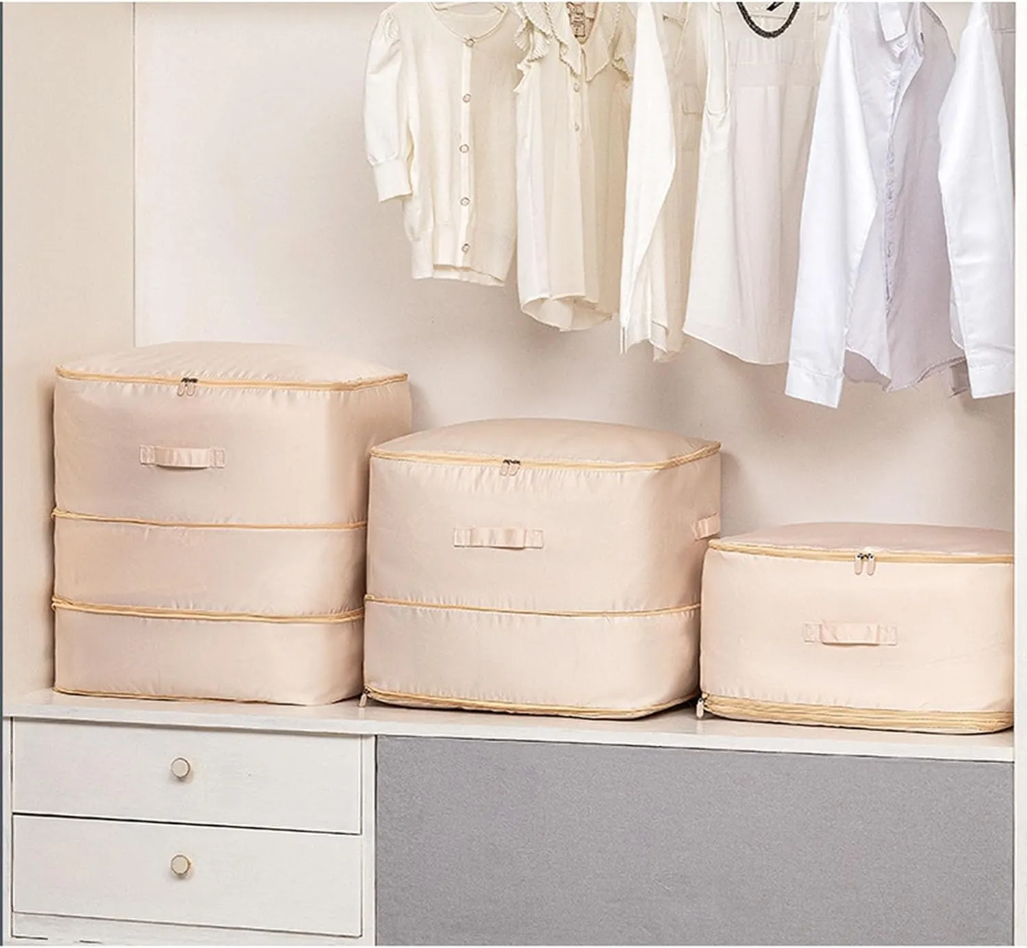 Ultra Space Saving Self Compression Organizer, Storage Tote for Space Saving, Self Compression Moving Organizer Bags for Comforters, Clothes, Blankets (Beige,X-Large)