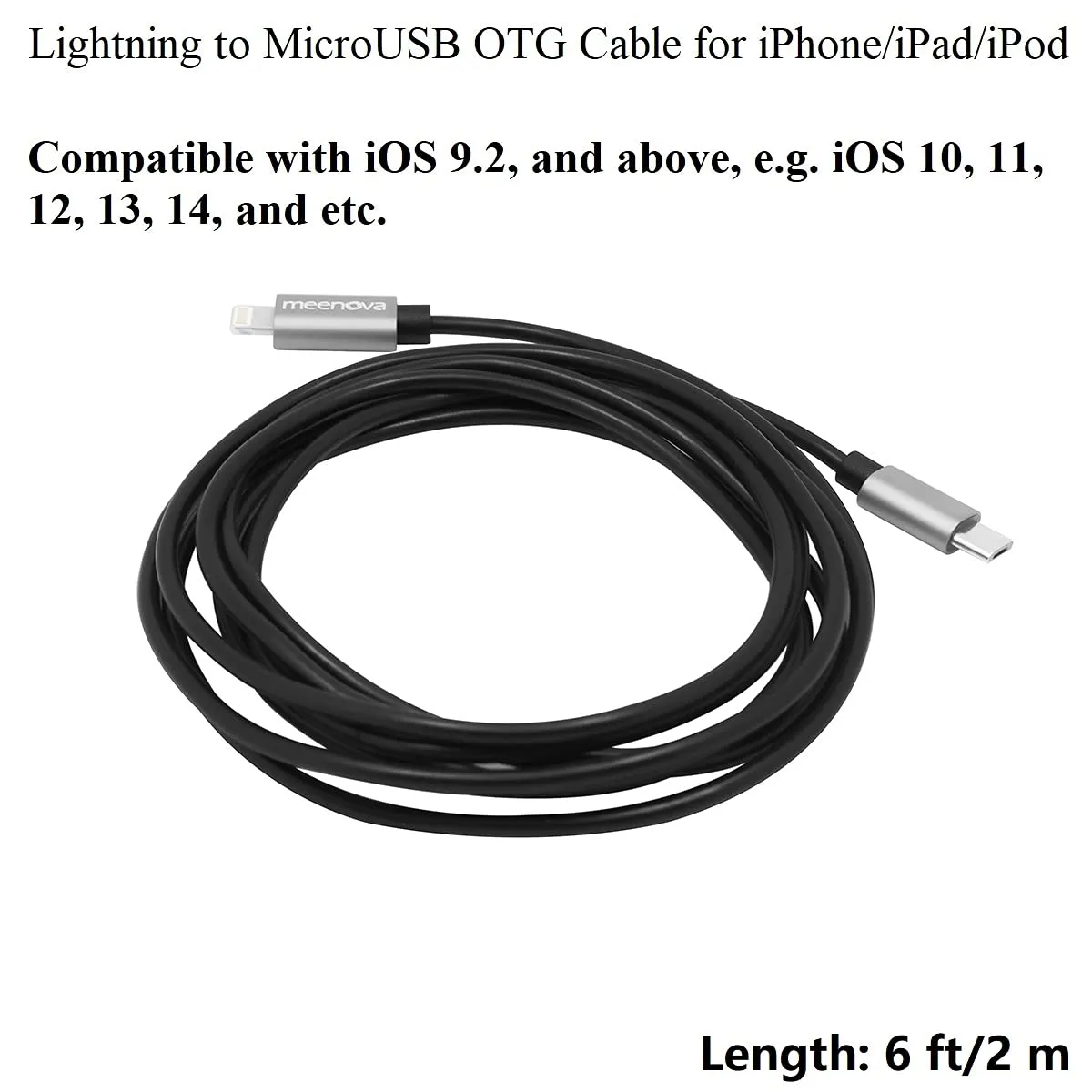 Ultra Tough & Durable iOS 15 to MicroUSB OTG Pro Cable 2m 6ft for Blue Yeti X Microphone, iPhone 13 Pro Max Mini,11,12, HiFi Oppo HA2 K5, iRig HD2 Camera, 8 Pin to Android Cord