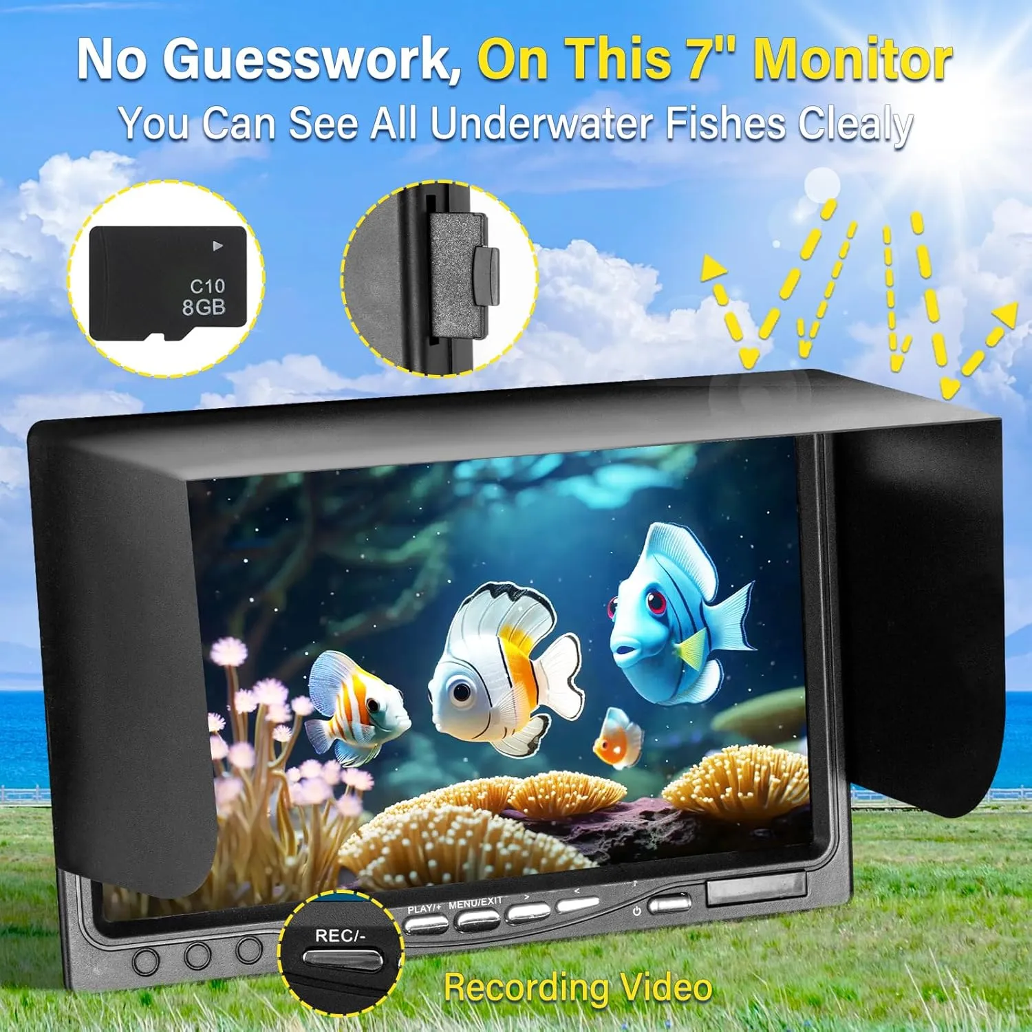 Underwater Camera, 7" HD LCD DVR Fish Finder With 36pcs Infrared White Dual Lights, 1200TVL Waterproof IP68 for Boat, Lake, Ice Fishing