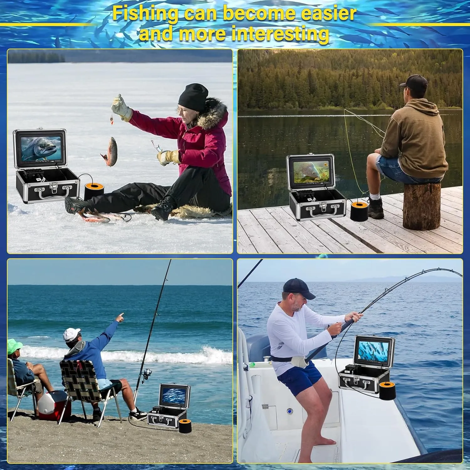 Underwater Camera, 7" HD LCD DVR Fish Finder With 36pcs Infrared White Dual Lights, 1200TVL Waterproof IP68 for Boat, Lake, Ice Fishing