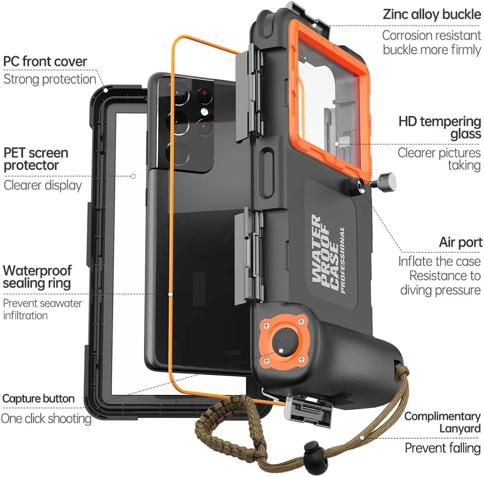 Underwater Snorkeling Diving Phone Case for iPhone 16/15/14/13/12/11 Pro Max Samsung Galaxy S25/S24/S23/S22，[50ft/15m] Professional Scuba Dive Waterproof Case Underwater Photo Video Cover (BK/Orange)
