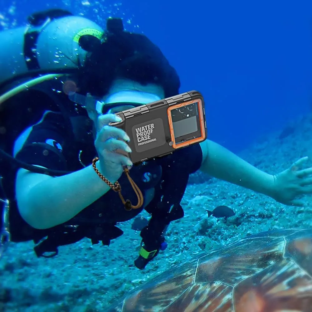 Underwater Snorkeling Diving Phone Case for iPhone 16/15/14/13/12/11 Pro Max Samsung Galaxy S25/S24/S23/S22，[50ft/15m] Professional Scuba Dive Waterproof Case Underwater Photo Video Cover (BK/Orange)