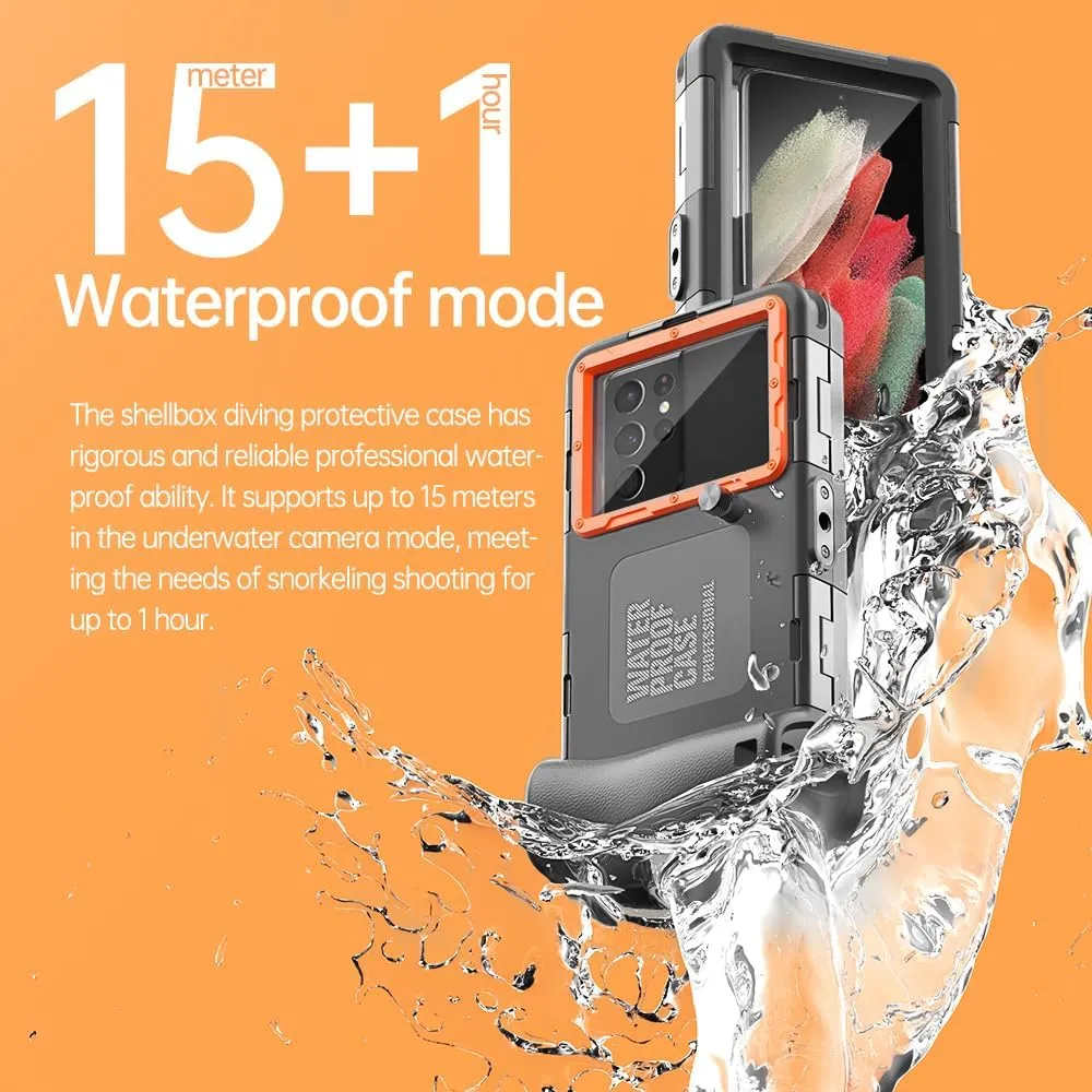 Underwater Snorkeling Diving Phone Case for iPhone 16/15/14/13/12/11 Pro Max Samsung Galaxy S25/S24/S23/S22，[50ft/15m] Professional Scuba Dive Waterproof Case Underwater Photo Video Cover (BK/Orange)