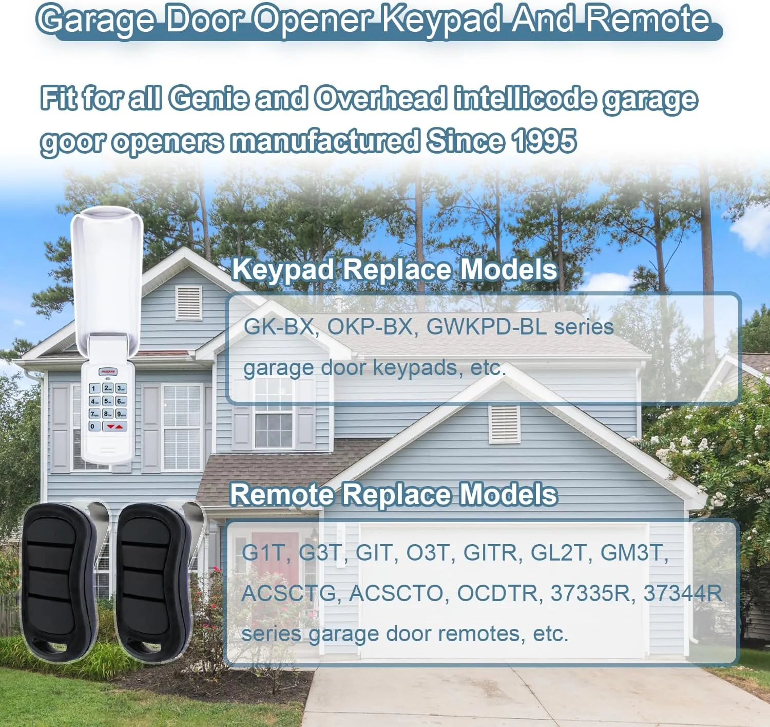 Upgraded GK-R Garage Door Opener Keypad with 2 Pack G3T-R Remote, Fit for Genie and Overhead Garage Door Opener Since 1997, Keypad Replace GK-BX OKP-BX GWKPD-BL, Remote Replace G3T-BX G3T-A O3T-A