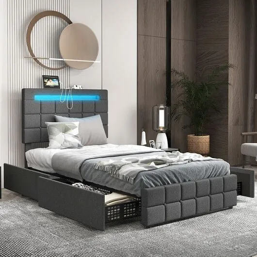Upholstered LED Bed Frame with Headboard and 4 Drawers-Twin Size - Color: Gray -