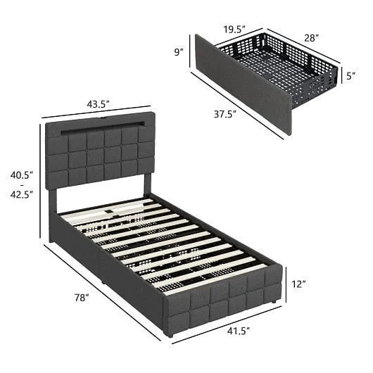 Upholstered LED Bed Frame with Headboard and 4 Drawers-Twin Size - Color: Gray -