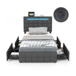 Upholstered LED Bed Frame with Headboard and 4 Drawers-Twin Size - Color: Gray -