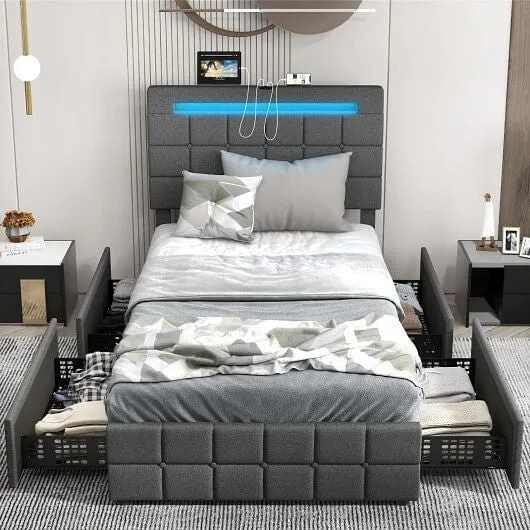 Upholstered LED Bed Frame with Headboard and 4 Drawers-Twin Size - Color: Gray -