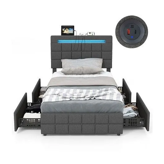 Upholstered LED Bed Frame with Headboard and 4 Drawers-Twin Size - Color: Gray -