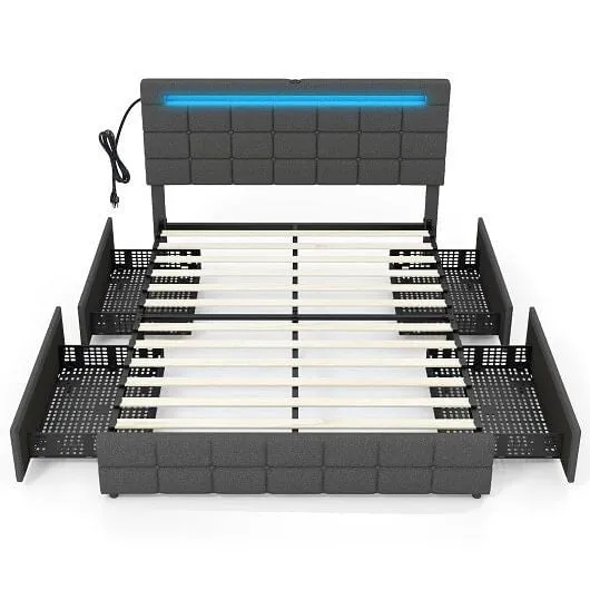 Upholstered Queen LED Bed Frame with Headboard and 4 Drawers-Queen Size - Color: