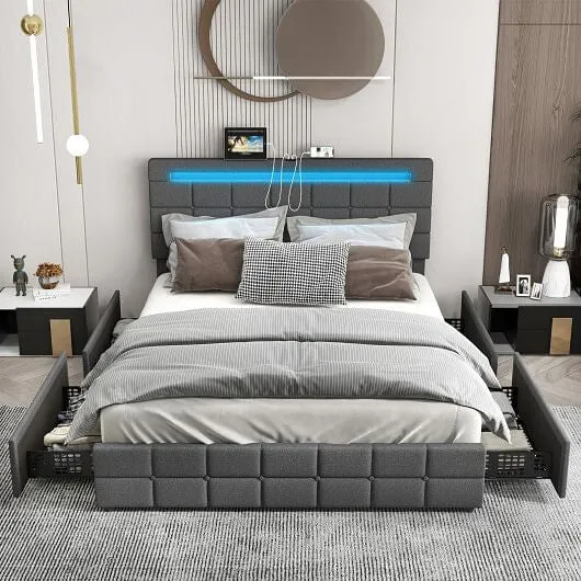 Upholstered Queen LED Bed Frame with Headboard and 4 Drawers-Queen Size - Color: