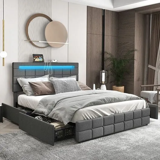 Upholstered Queen LED Bed Frame with Headboard and 4 Drawers-Queen Size - Color: