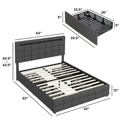 Upholstered Queen LED Bed Frame with Headboard and 4 Drawers-Queen Size - Color: