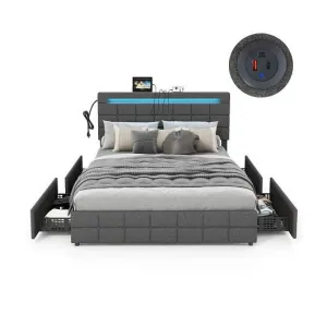 Upholstered Queen LED Bed Frame with Headboard and 4 Drawers-Queen Size - Color: