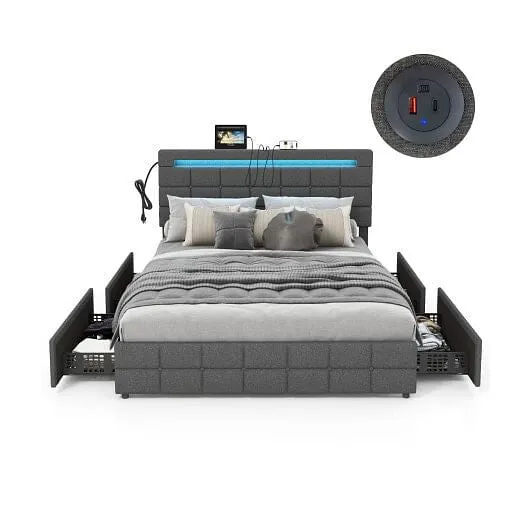 Upholstered Queen LED Bed Frame with Headboard and 4 Drawers-Queen Size - Color: