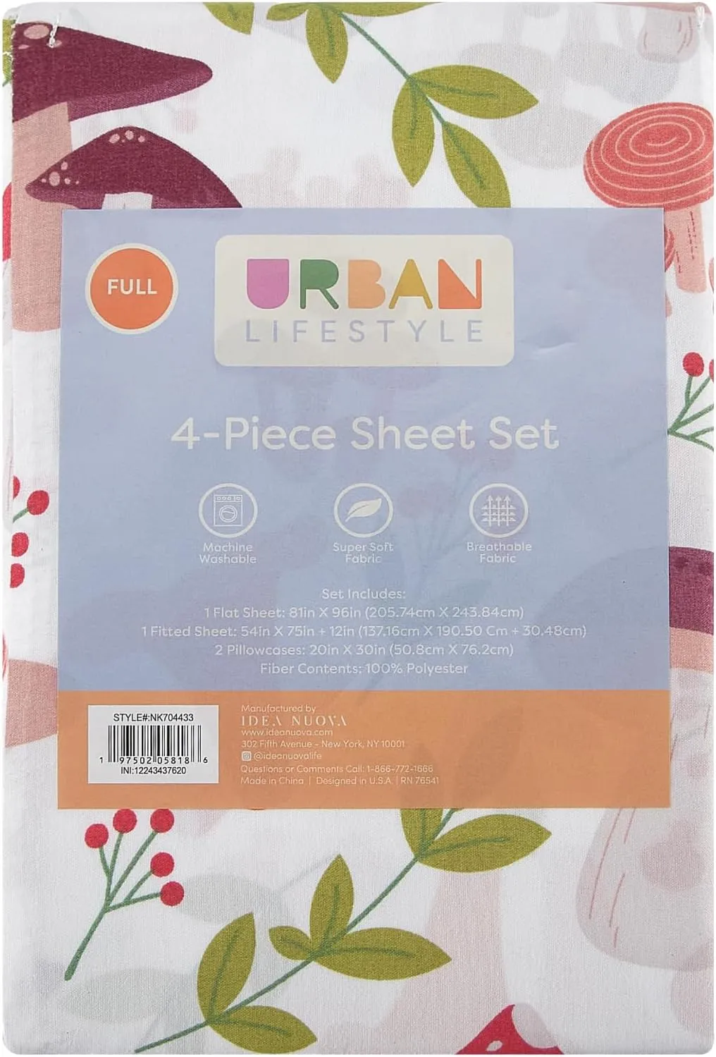 Urban Lifestyle 4 Piece Sheet Set, Including Top Sheet, Fitted Sheet and 2 Pillow Cases, Wild Mushroom Print, Full