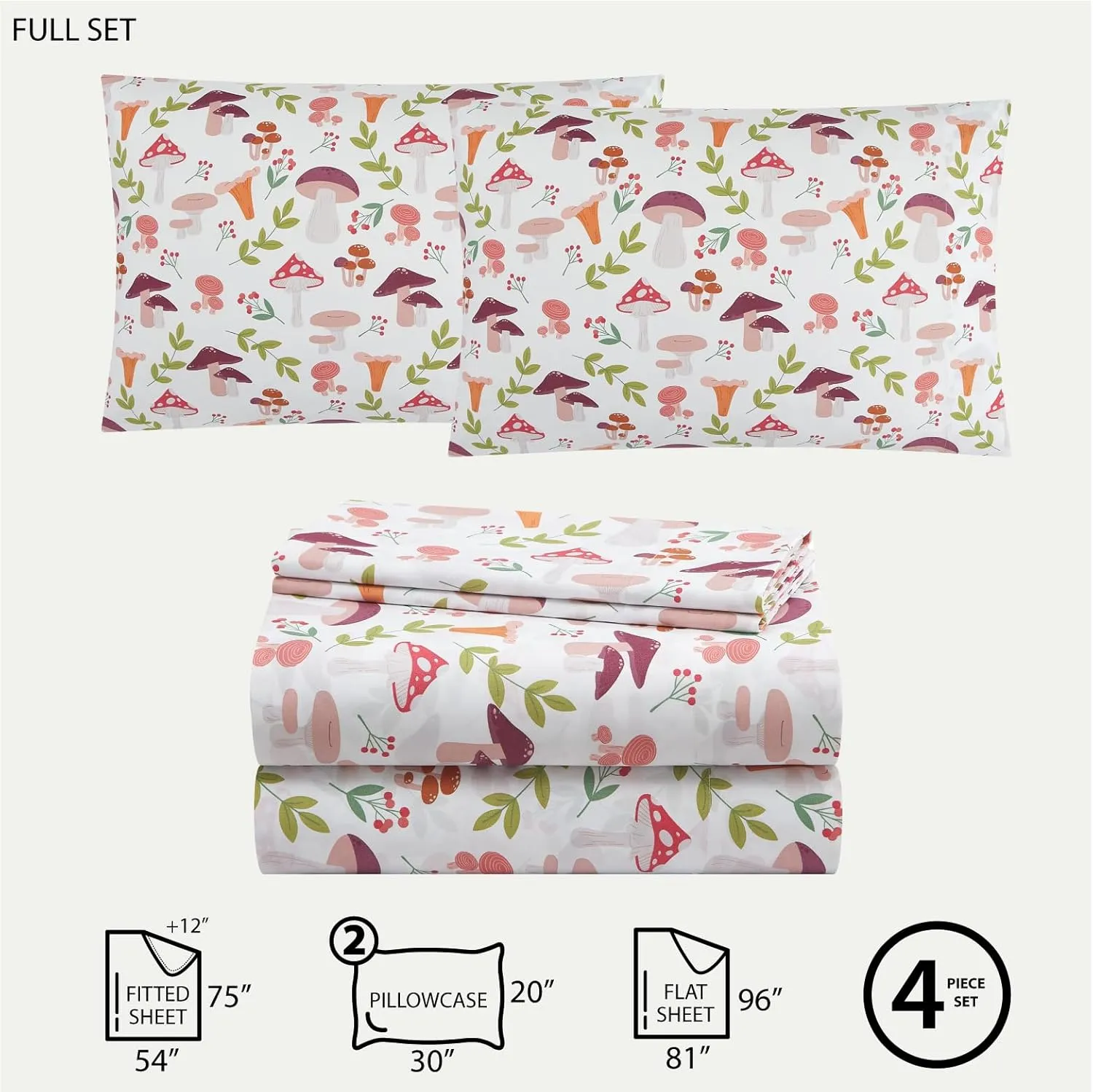 Urban Lifestyle 4 Piece Sheet Set, Including Top Sheet, Fitted Sheet and 2 Pillow Cases, Wild Mushroom Print, Full