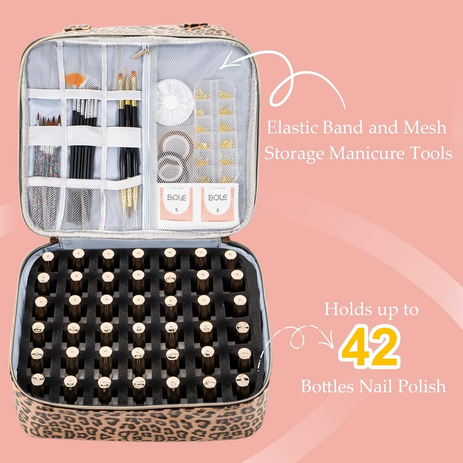 Uross Nail Polish Organizer Bag Holds 42 Bottles Nail Polish & Nail Lamp, Gel Nail Polish Organizers and Storage box for Nail Tech, Nail Kit Supplies Organizer Case - Leopard