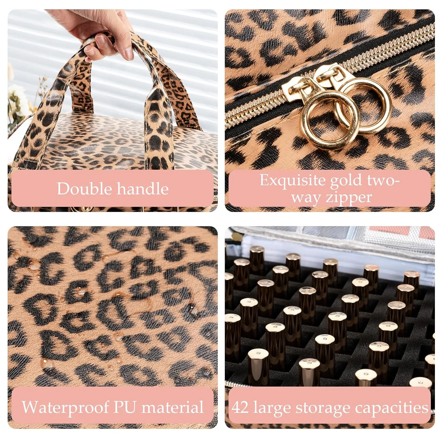 Uross Nail Polish Organizer Bag Holds 42 Bottles Nail Polish & Nail Lamp, Gel Nail Polish Organizers and Storage box for Nail Tech, Nail Kit Supplies Organizer Case - Leopard