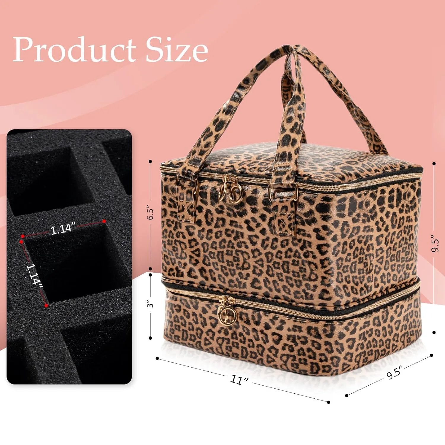Uross Nail Polish Organizer Bag Holds 42 Bottles Nail Polish & Nail Lamp, Gel Nail Polish Organizers and Storage box for Nail Tech, Nail Kit Supplies Organizer Case - Leopard