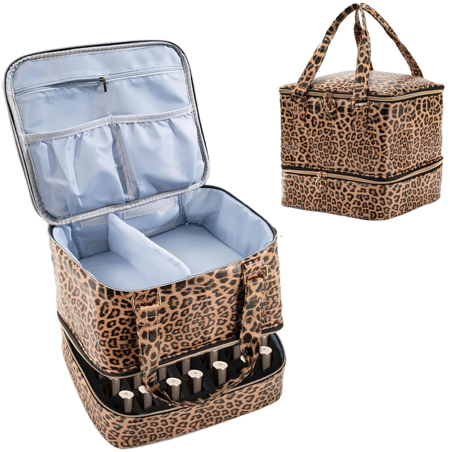 Uross Nail Polish Organizer Bag Holds 42 Bottles Nail Polish & Nail Lamp, Gel Nail Polish Organizers and Storage box for Nail Tech, Nail Kit Supplies Organizer Case - Leopard