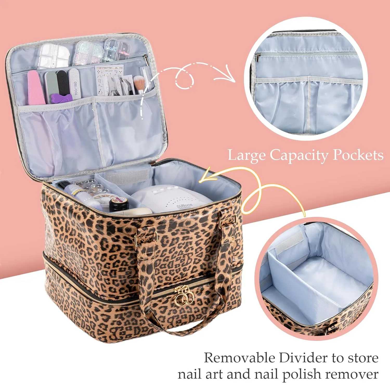Uross Nail Polish Organizer Bag Holds 42 Bottles Nail Polish & Nail Lamp, Gel Nail Polish Organizers and Storage box for Nail Tech, Nail Kit Supplies Organizer Case - Leopard