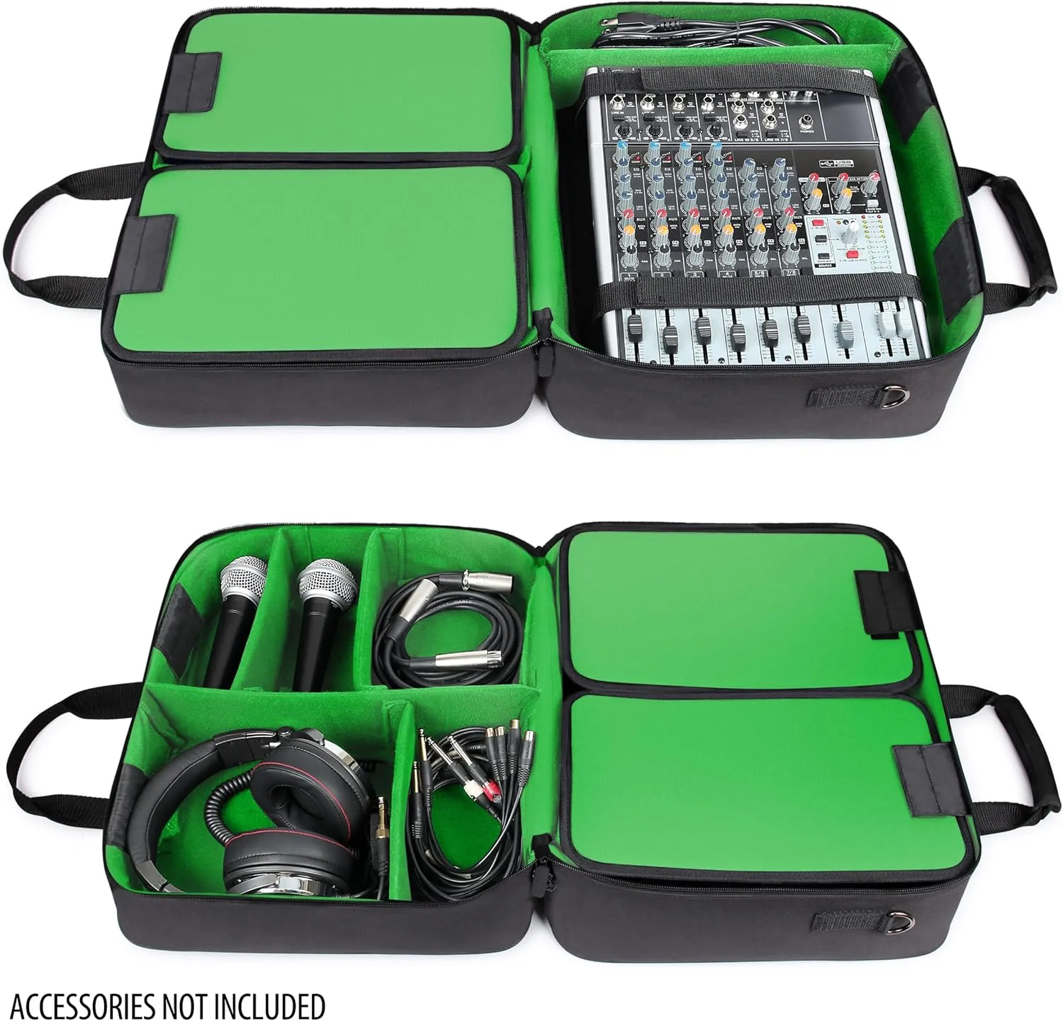 USA GEAR Audio Mixer Case - DJ Mixer Travel Bag with Customizable Interior & Water Resistant Exterior Compatible with Behringer Q1202USB, Mackie ProFX8v2, Yamaha MG10XU & More - Green