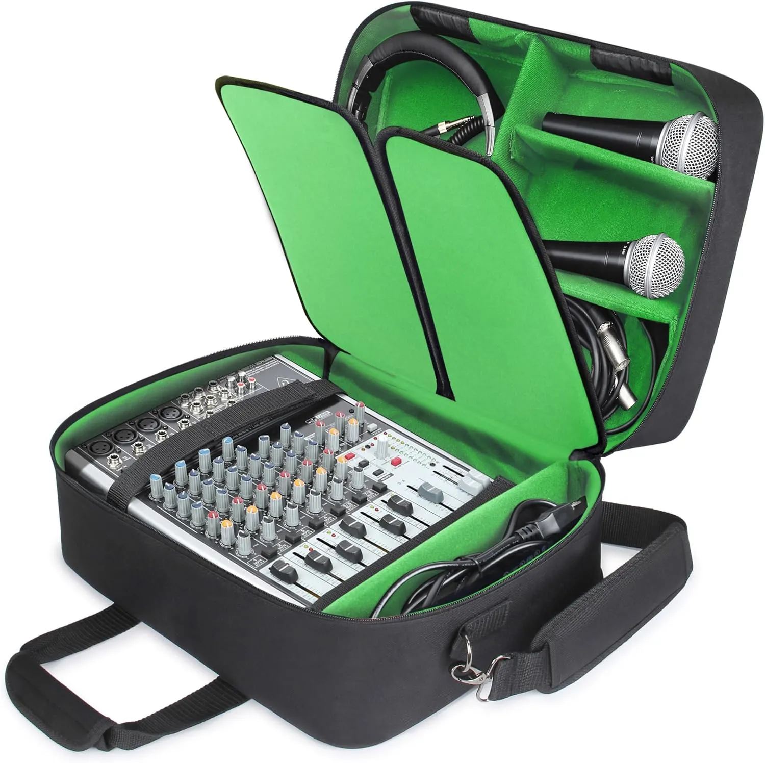 USA GEAR Audio Mixer Case - DJ Mixer Travel Bag with Customizable Interior & Water Resistant Exterior Compatible with Behringer Q1202USB, Mackie ProFX8v2, Yamaha MG10XU & More - Green