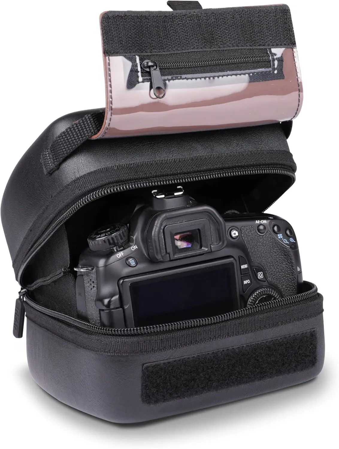 USA GEAR Hard Shell DSLR Camera Case with Molded EVA Protection, Quick Access Opening, Padded Interior and Rubber Coated Handle-Compatible with Nikon, Canon, Pentax, Olympus and More (Black Vegan)