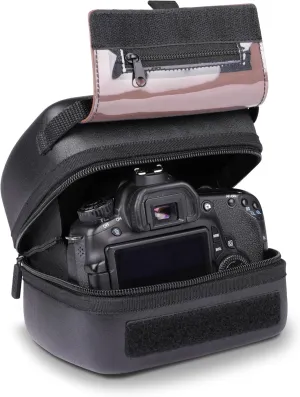 USA GEAR Hard Shell DSLR Camera Case with Molded EVA Protection, Quick Access Opening, Padded Interior and Rubber Coated Handle-Compatible with Nikon, Canon, Pentax, Olympus and More (Black Vegan)