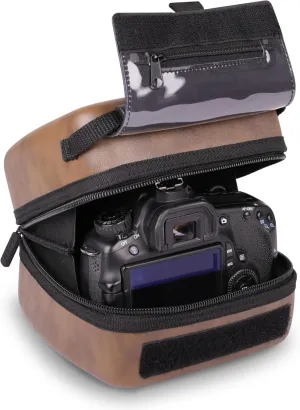 USA GEAR Hard Shell DSLR Camera Case with Molded EVA Protection, Quick Access Opening, Padded Interior and Rubber Coated Handle-Compatible with Nikon, Canon, Pentax, Olympus and More (Brown Vegan)