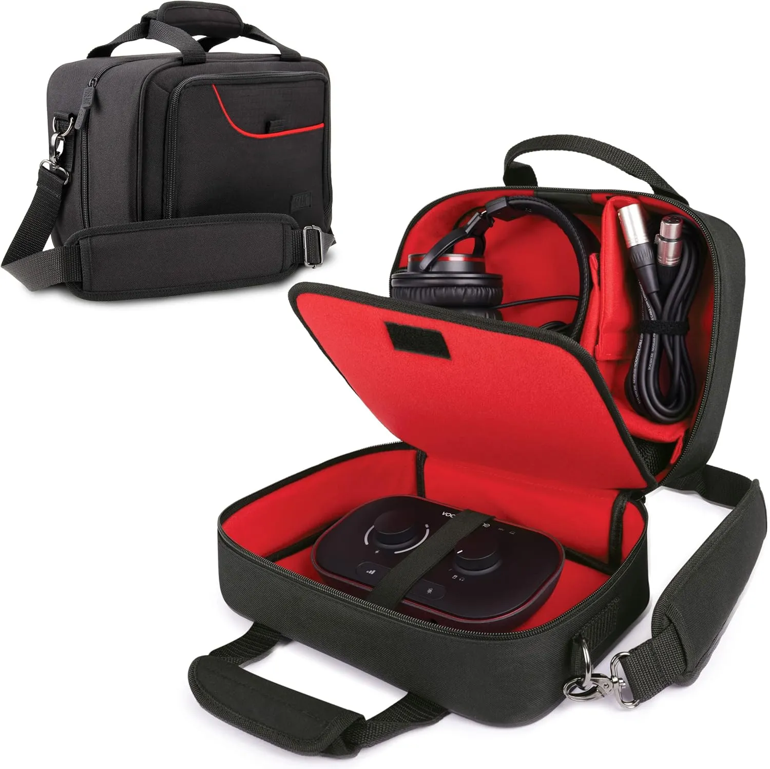 USA GEAR Podcast Equipment Case - Audio Interface Case Compatible with Focusrite Vocaster One Studio and More Studio Equipment - Customizable Interior, Shoulder Strap, and Padded Interior - Red
