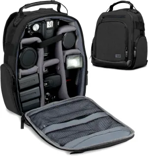 USA GEAR Portable Camera Backpack for DSLR with Customizable Accessory Dividers, Weather Resistant Bottom and Comfortable Back Support - Compatible with Canon, Nikon, Sony, Fujifilm, and More (Black)