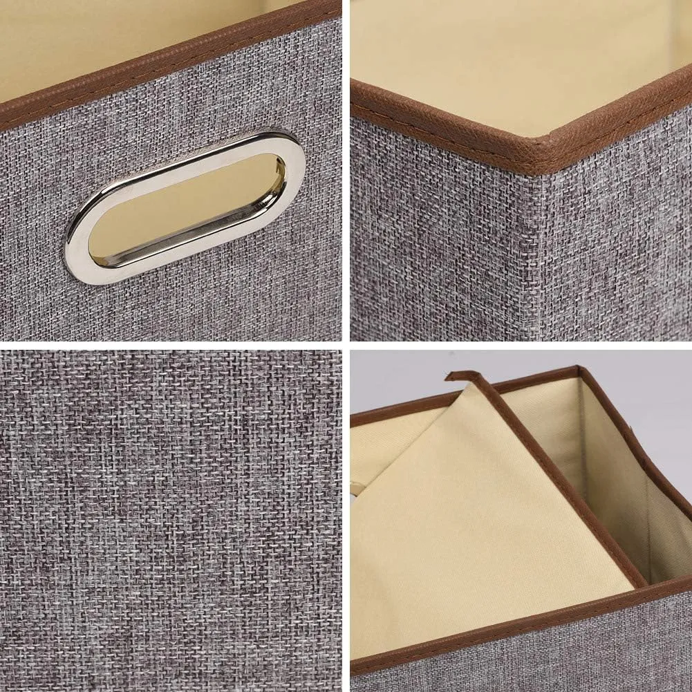 UUJOLY Large Storage Bins Linen Fabric Foldable Basket Cubes Organizer Storage Box Drawer with Lid and Handles for Home, Office, Closet, Bedroom, Nursery（Grey）