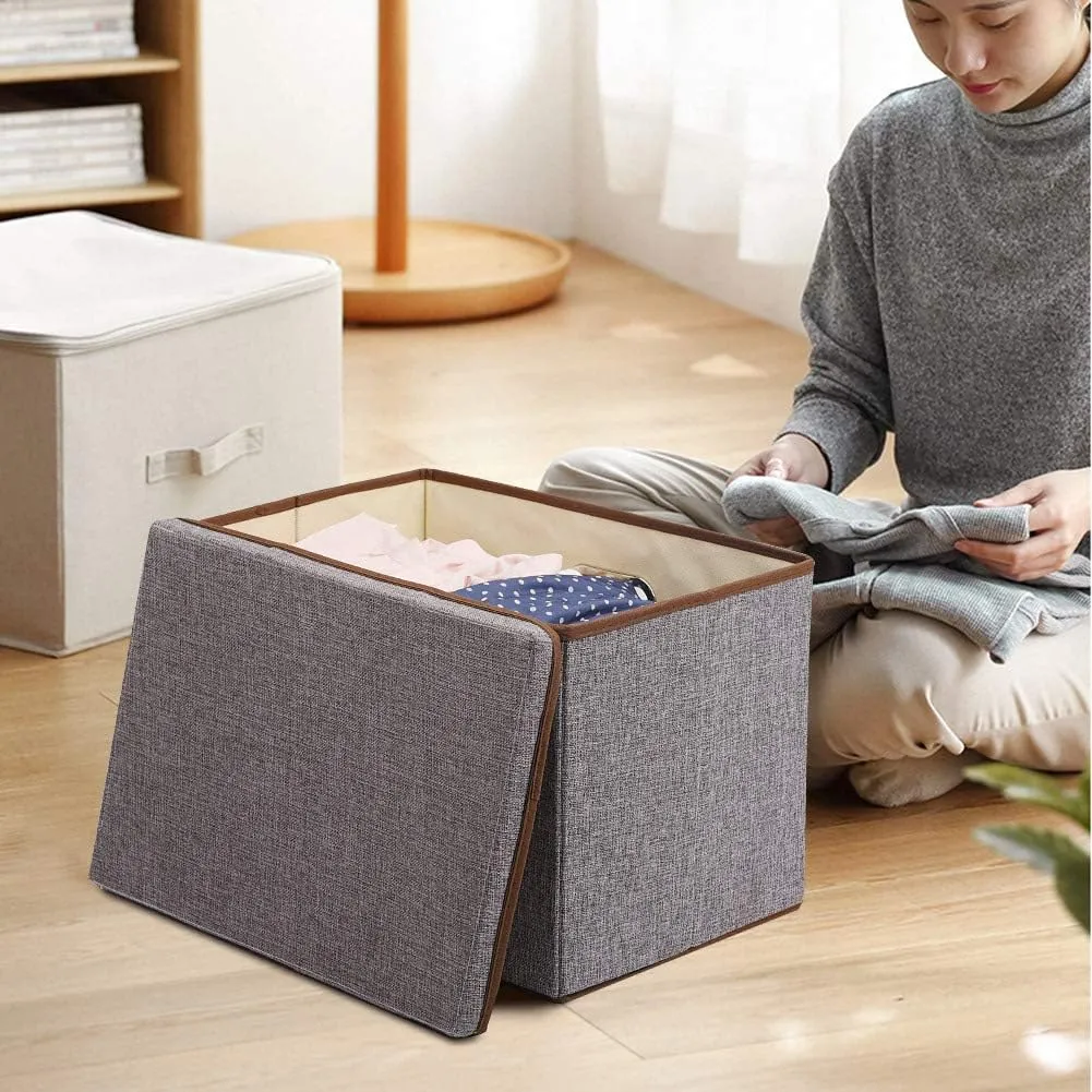 UUJOLY Large Storage Bins Linen Fabric Foldable Basket Cubes Organizer Storage Box Drawer with Lid and Handles for Home, Office, Closet, Bedroom, Nursery（Grey）