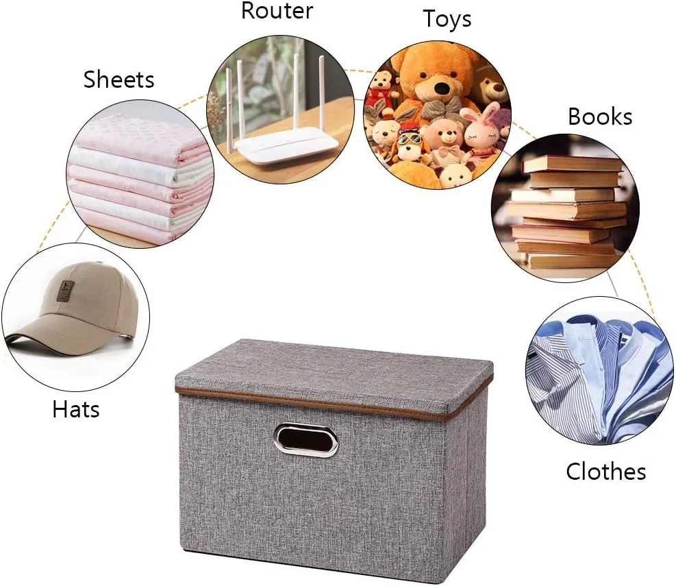 UUJOLY Large Storage Bins Linen Fabric Foldable Basket Cubes Organizer Storage Box Drawer with Lid and Handles for Home, Office, Closet, Bedroom, Nursery（Grey）