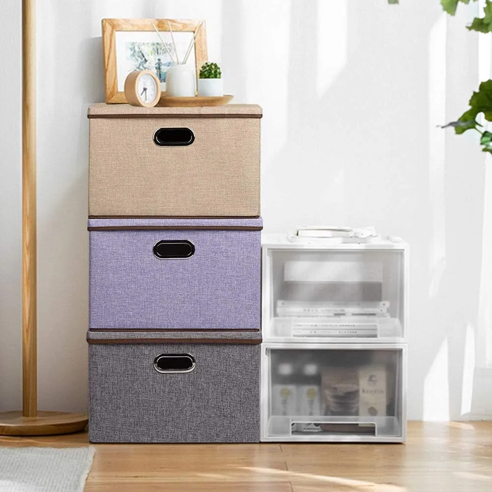 UUJOLY Large Storage Bins Linen Fabric Foldable Basket Cubes Organizer Storage Box Drawer with Lid and Handles for Home, Office, Closet, Bedroom, Nursery（Grey）