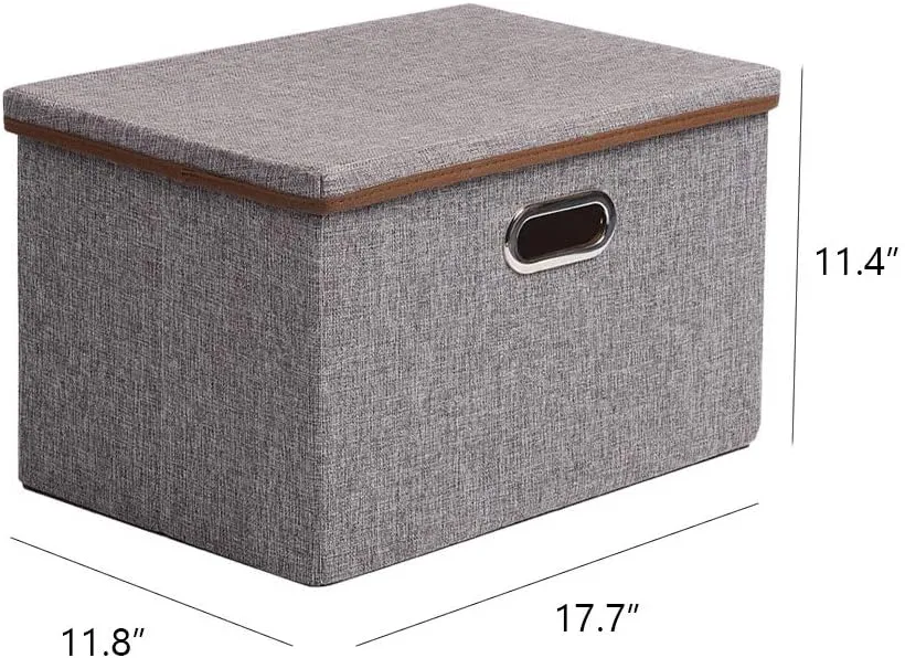 UUJOLY Large Storage Bins Linen Fabric Foldable Basket Cubes Organizer Storage Box Drawer with Lid and Handles for Home, Office, Closet, Bedroom, Nursery（Grey）