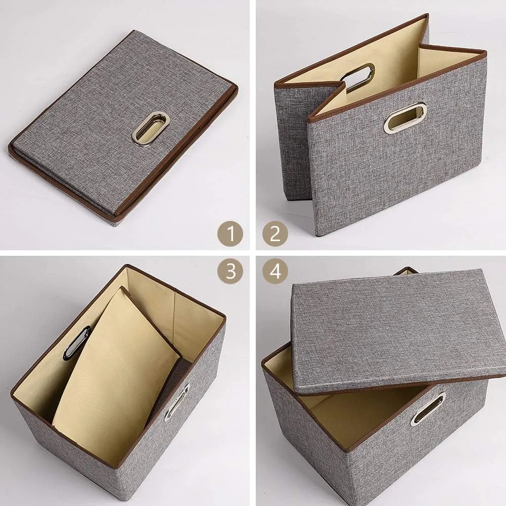 UUJOLY Large Storage Bins Linen Fabric Foldable Basket Cubes Organizer Storage Box Drawer with Lid and Handles for Home, Office, Closet, Bedroom, Nursery（Grey）