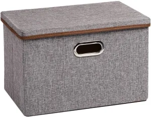 UUJOLY Large Storage Bins Linen Fabric Foldable Basket Cubes Organizer Storage Box Drawer with Lid and Handles for Home, Office, Closet, Bedroom, Nursery（Grey）