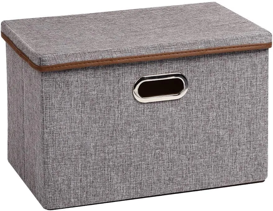 UUJOLY Large Storage Bins Linen Fabric Foldable Basket Cubes Organizer Storage Box Drawer with Lid and Handles for Home, Office, Closet, Bedroom, Nursery（Grey）