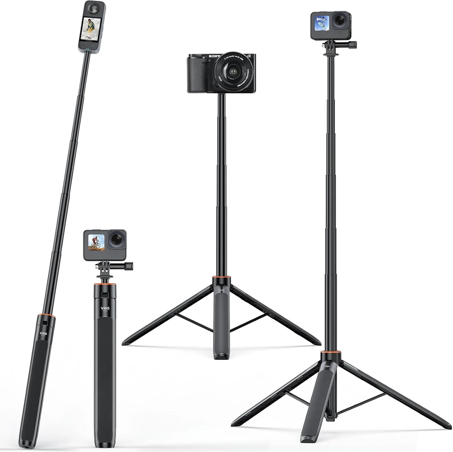 UURig TP21 54inch Telescopic Selfie Stick Long with Tripod, Waterproof Hand Grip, for Insta360 GoPro Hero 10 9 8 7 6 5 4 3 2, Fusion, Max, Session, AKASO, SJCAM, DJI Osmo Action 5Pro/4/3