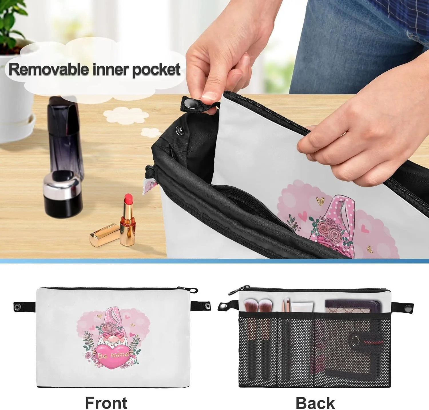 Valentine Be Mine Pink Gnome with Pink Heart, Flowers and Green Leaves Women's Portable Makeup Bag with Handle, Cosmetic Bag, Adjustable Travel Cosmetic Bag, Toiletry Storage Organizer for women S